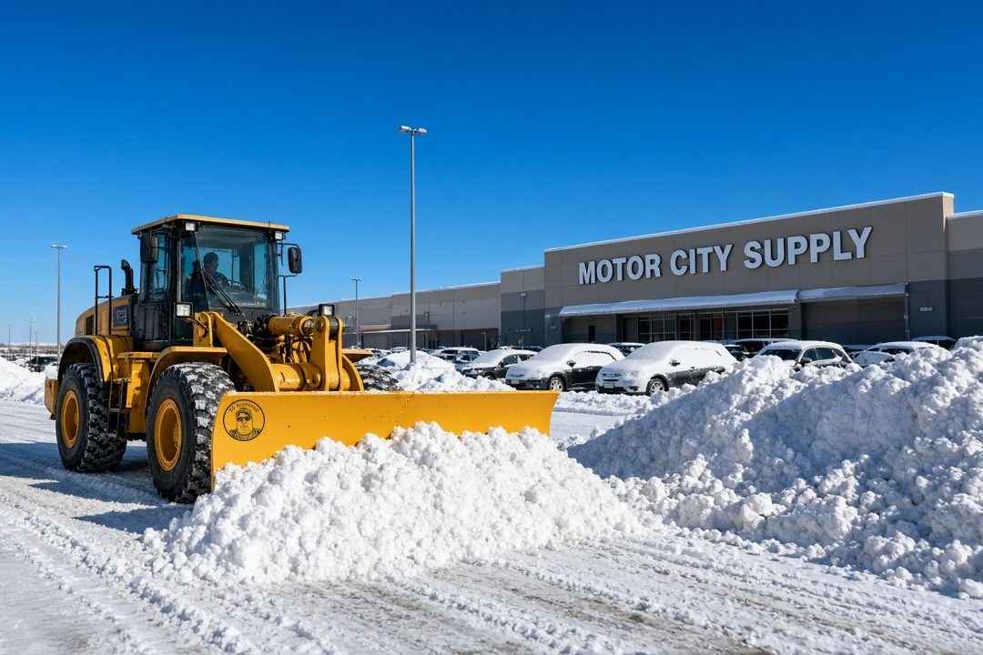 A yellow wheel loader with a DC Approved plow blade pushing snow beside tall snow piles in a store parking lot, with snow-covered parked cars, light poles, a long store building and a clear blue sky behind it, in Detroit, Michigan