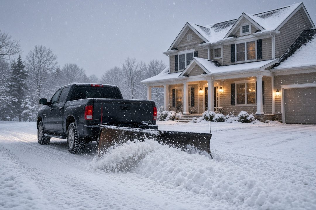 A dark pickup with a plow blade at its rear pushing snow down a driveway in front of a two-story house with lit windows and snow on the roof, in Detroit, Michigan
