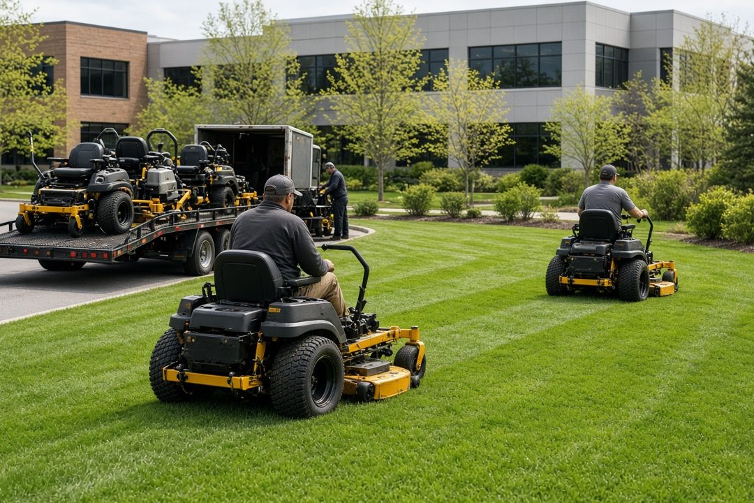 Landscape workers on yellow and black zero-turn mowers cutting a green lawn at an office park, with a trailer of mowers behind them, in Detroit, Michigan