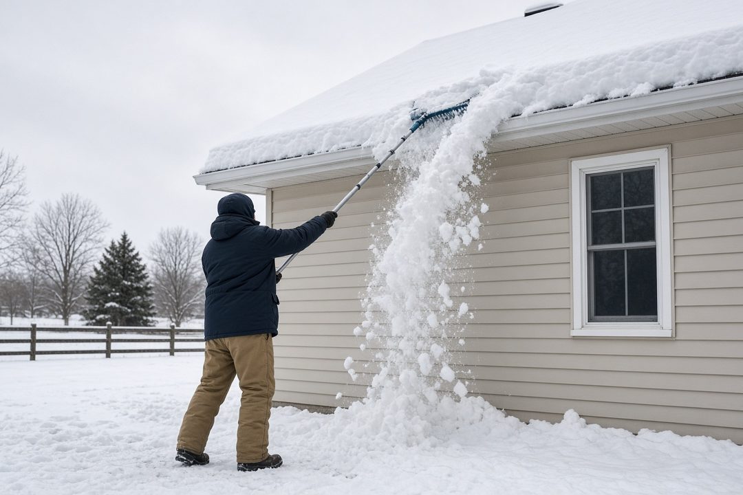 A person standing on the ground pulling snow off the roof edge of a house with a long roof rake, in Detroit, Michigan