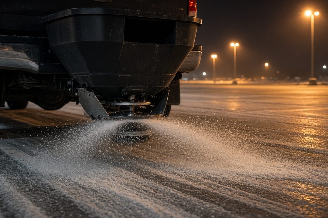 A black tailgate hopper on the back of a truck spreading salt across a parking lot at night, in Detroit, Michigan